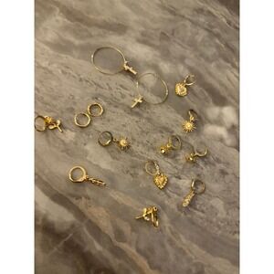 Gold Tone Charm Hoop Earrings Set Dangle Heart Cross Sun Feather Rose